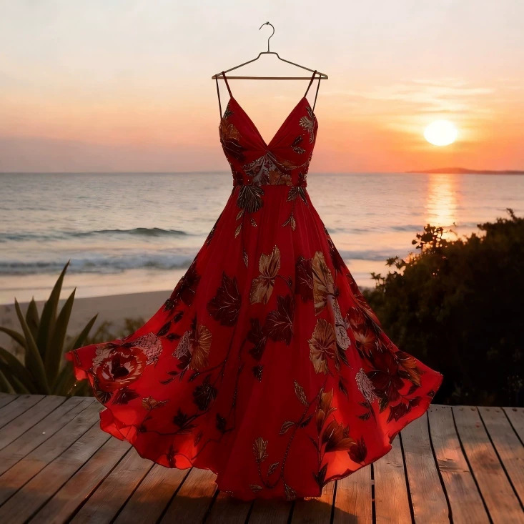 2026 New Cross-Border Amazon Vacation Style V-Neck Printed Waist-Cinching Long Dress 2026 New Cross-Border Amazon Vacation Style V-Neck Printed Waist-Cinching Long Dress