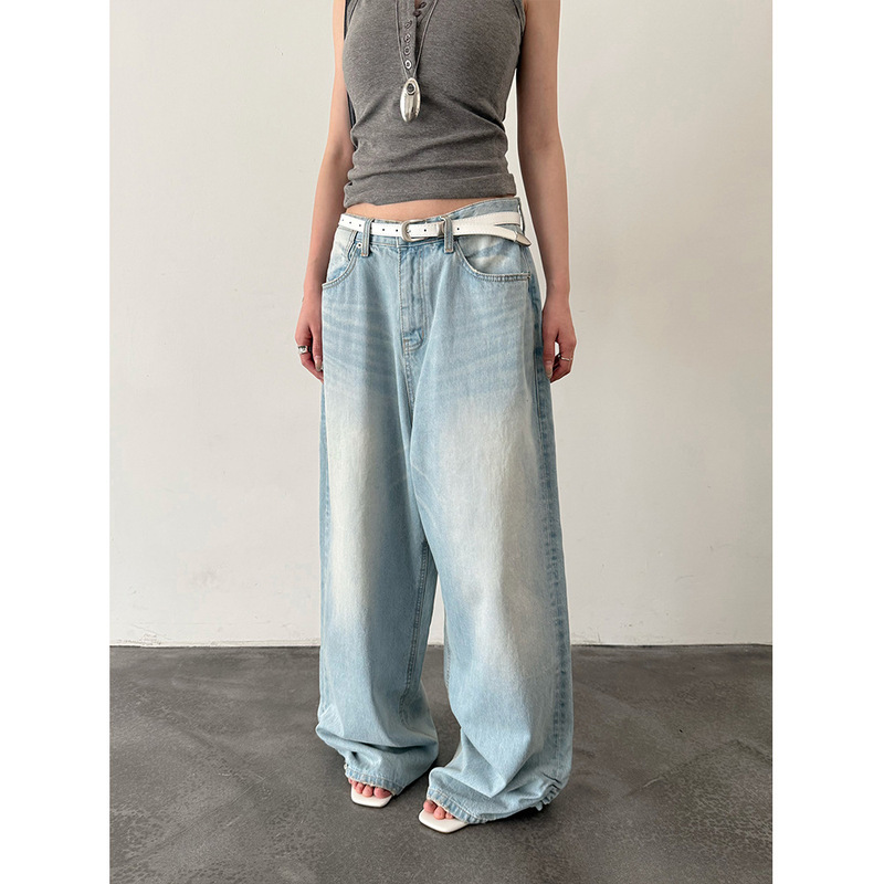 Yuyi American Retro Style Pleated Hem Design Jeans for Women, Washed Blue Straight-Leg Long Pants 1483 Yuyi American Retro Style Pleated Hem Design Jeans for Women, Washed Blue Straight-Leg Long Pants 1483
