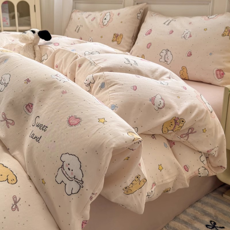 Cama de hilo de doble capa de algodón estilo ins Juego de cuatro piezas Funda de edredón de algodón puro para niños 2025 Nuevo juego de tres piezas de dormitorio de sábanas