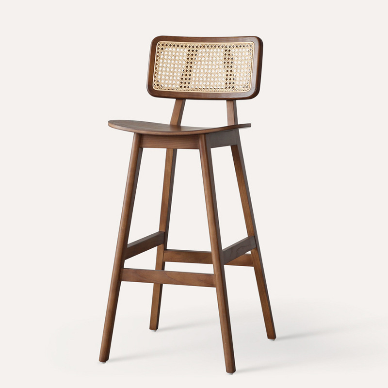 Wabi-Sabi Style Solid Wood Bar Chair Nordic Minimalist Rattan Bar Chair Cafe Hotel Lobby Front Desk High Stool