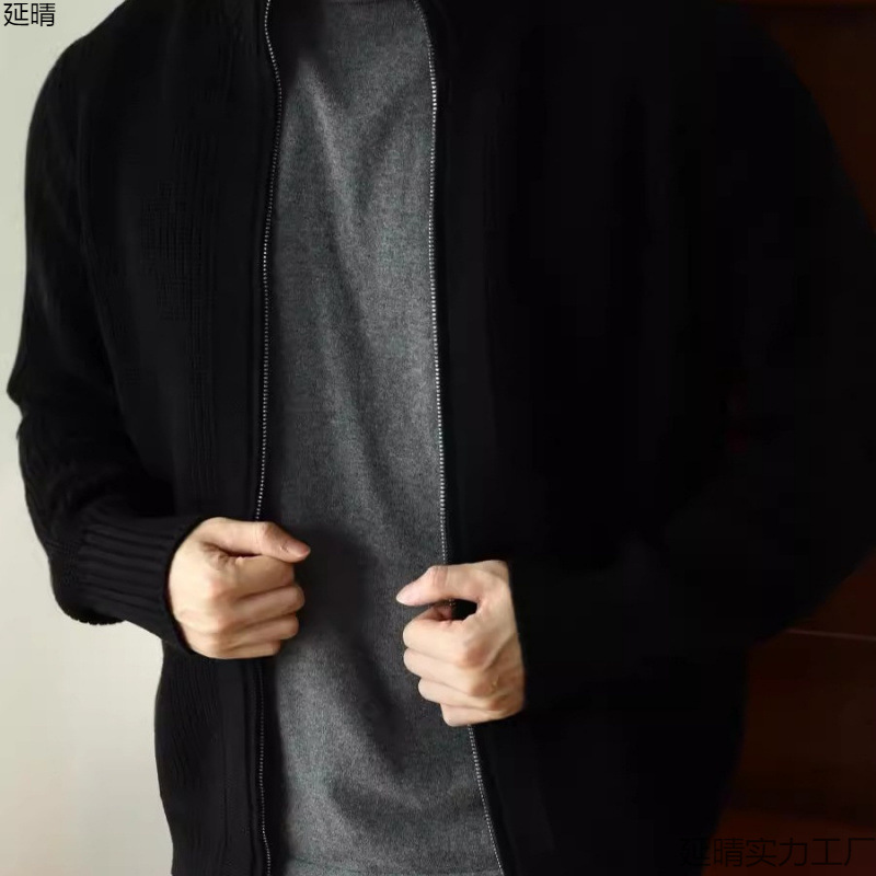 Cross-Border 2025 Anti-Pilling Heavyweight Double Zipper Jacket Knitwear Pure Color Sweater Thickeneded Autumn and Winter Half Turtleneck Men's Clothing