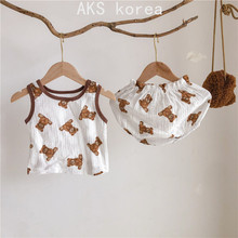 韓版童裝兒童棉嬰兒夏天衣服柔軟棉紗卡通印花短袖燈籠褲套裝薄款