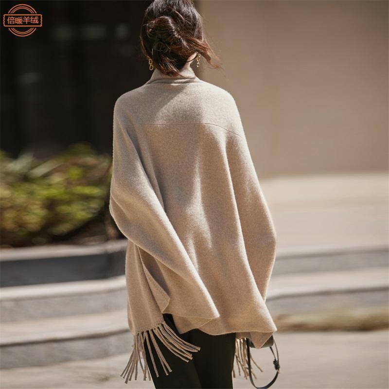 Autumn and Winter New Style 100% Pure Wool Tassel Large Shawl Women's Fashionable Versatile Pure Color Thick Cardigan with Cloak