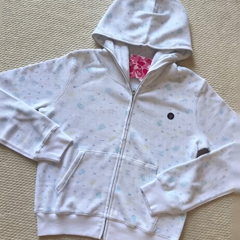 Bape hooded zip-up cardigan, women's white knit sweater, loose-fitting, slimming effect, casual printed hooded top