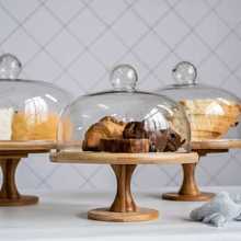 EM2O旋转蛋糕托盘玻璃罩竹木高脚带盖糕点面包摆台试吃盘甜品展示