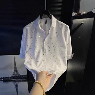 满天星亮片冰丝短袖衬衫男夏季潮牌炸街高级感衬衣垂坠感白色上衣