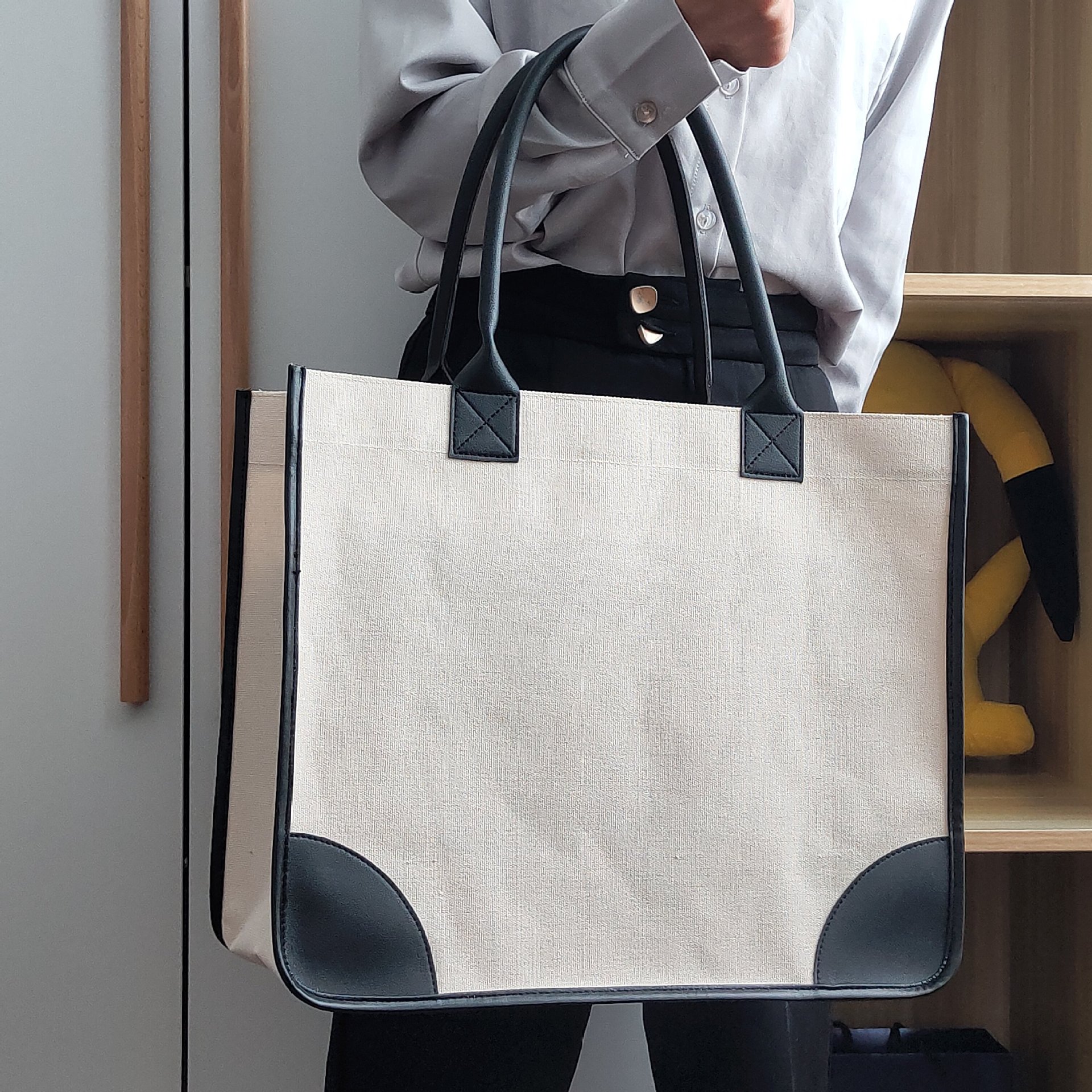 时尚印花手提棉麻布女包 单肩购物书本收纳丝印PU手提帆布托特包