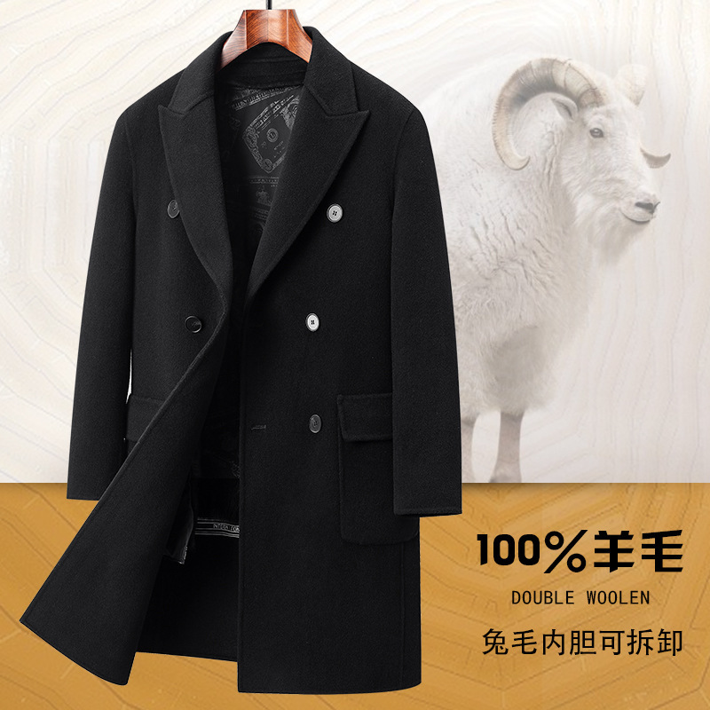 New Winter Men's 100% Wool Coat Hengyuanxiang Middle-Aged Casual Rabbit Fur Lining Mid-Length Double-Sided Nylon Coat Trendy