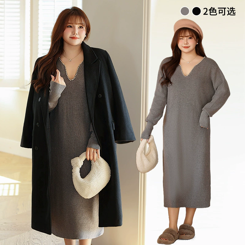 Женское мягкое вощеное трикотажное платье с V-образным вырезом и нежным жемчугом Runhe 8830 больших размеров, трикотажное французское платье с V-образным вырезом