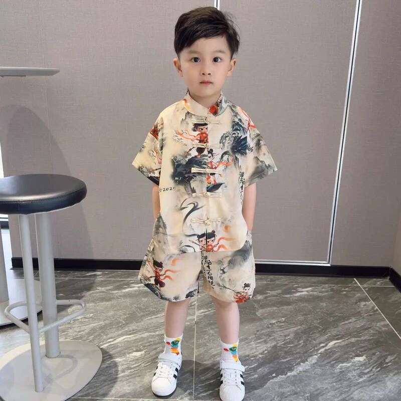Nezha Clothes Children's 2025 New Summer Suit Boys' Hanfu Summer Outfit Chinese Short-Sleeve Tang Suit Wholesale Nezha Clothes Children's 2025 New Summer Suit Boys' Hanfu Summer Outfit Chinese Short-Sleeve Tang Suit Wholesale