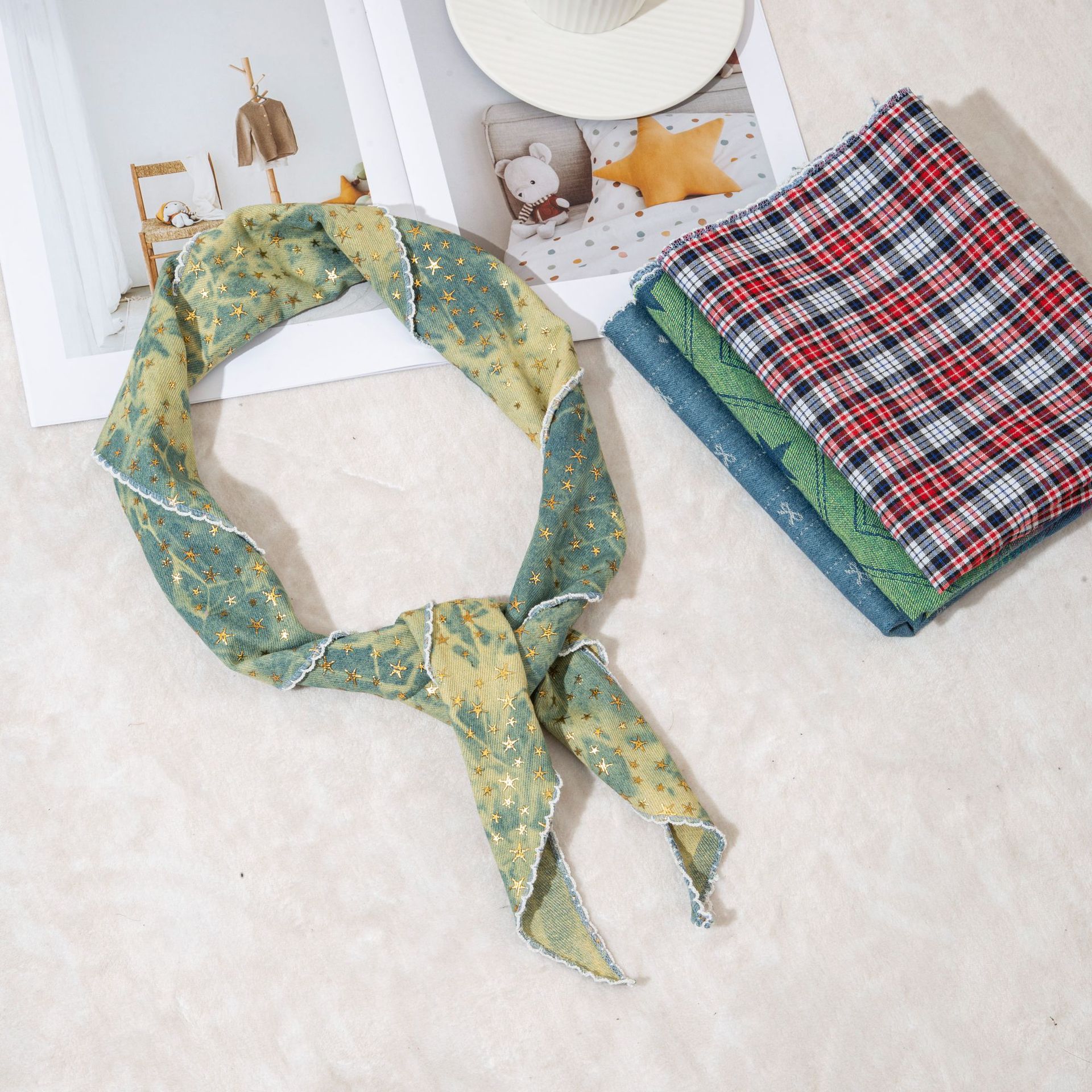 Gold Star Embossed Denim Triangle Scarf Vintage Distressed Look_voghion.com