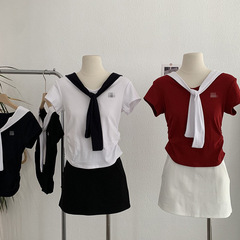 Omalai 文字刺繍コントラストカラー V ネックネイビーフェイクツーピーススプライシング半袖 T シャツトップ卸売女性 3769