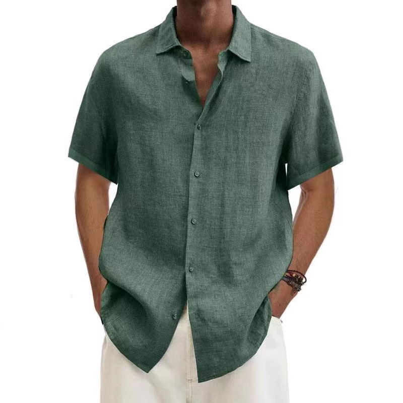 2025 Independent Station wish Amazon Explosions Summer V-Neck Button Cotton Linen Solid Color Men's Trendy Shirt Shirt Men