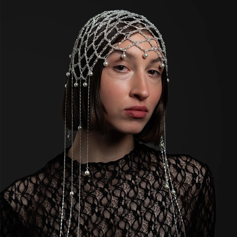 New chain mesh hair chain, personalized and fashionable pearl tassel headpiece, stage performance hair accessory for women