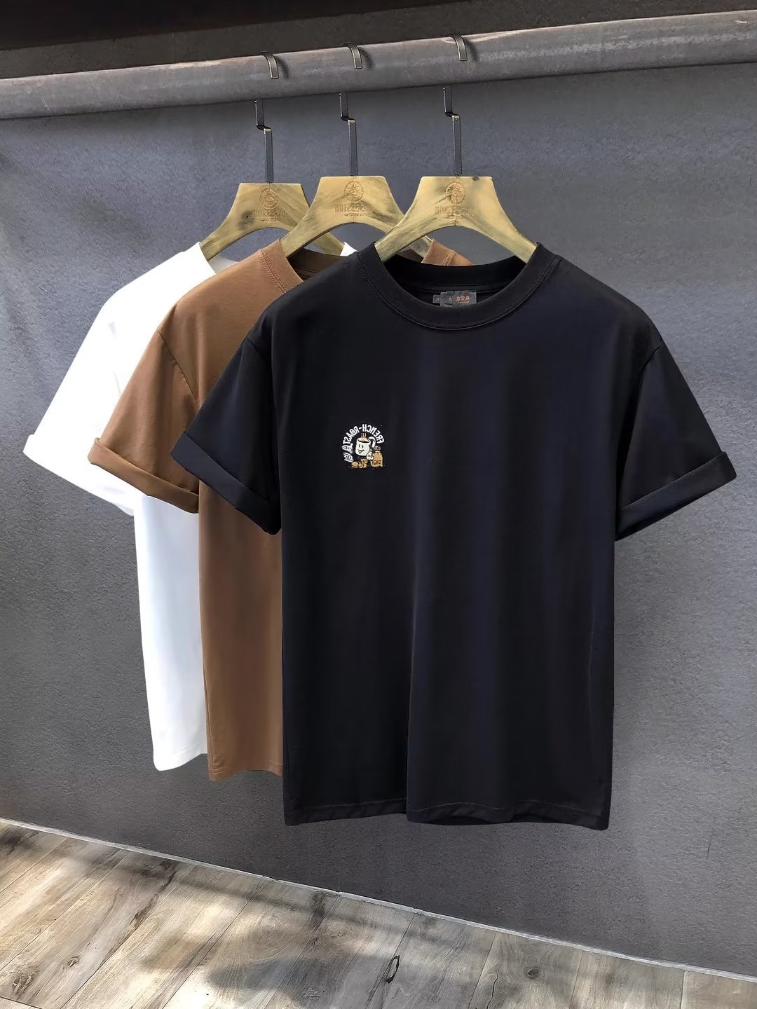 American latte coffee cup embroidery trdy brand round neck white short m's summer half sleeved T-shirt clothes for_voghion.com