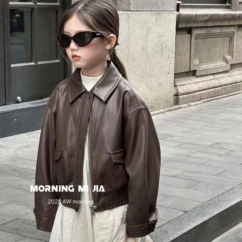 Girls' Leather Jacket Spring and Autumn 2025 New Stylish Children's Leather Coat for Older Girls Trendy Top