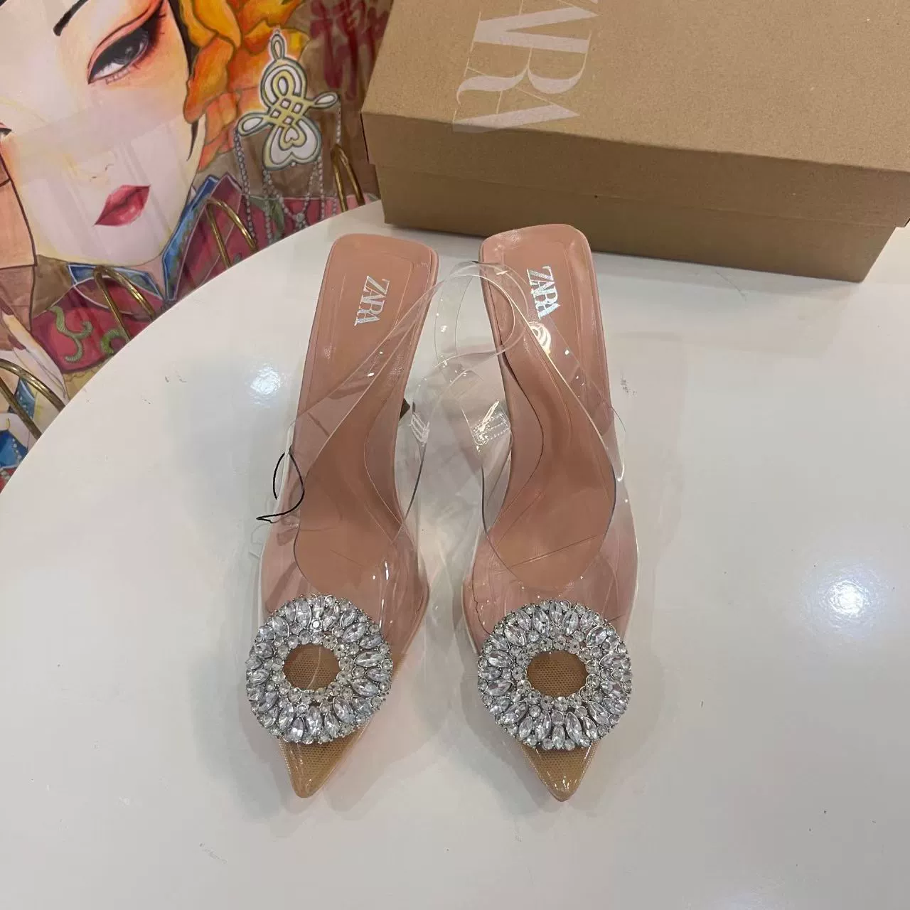 Плавные новые 2024 pointed fine heel яркие декоративные женские туфли прозрачные туфли на высоком каблуке солнцезащитный ремешок водяной кирпич прозрачная поверхность туфли Mueller женские