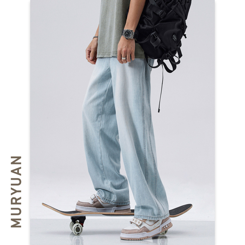 Mu Lu Men's Clothing 2025 Summer New Light Blue Jeans Men's Trendy Brand Floor-Mopping Casual Long Pants