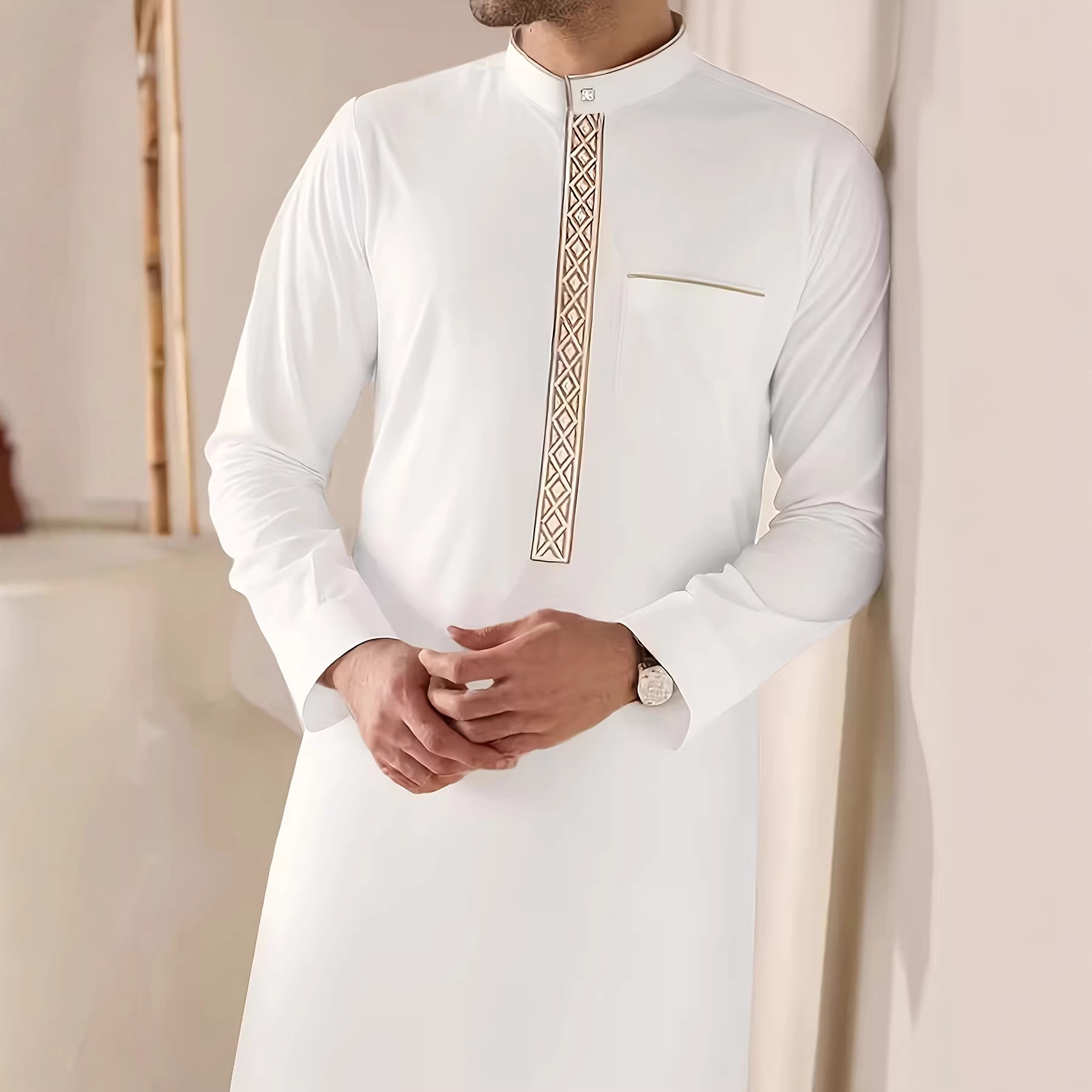 Muslim Fashion Kebaya "Elegant White Embroidered Muslim Kebaya Robe For Men - Traditional Arabian Long Dress With Ethnic Style"_voghion.com