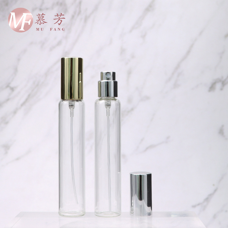 15牙电化铝塑料卡口泵 香水喷雾瓶 25/28/30ml细长透明拉管玻璃瓶