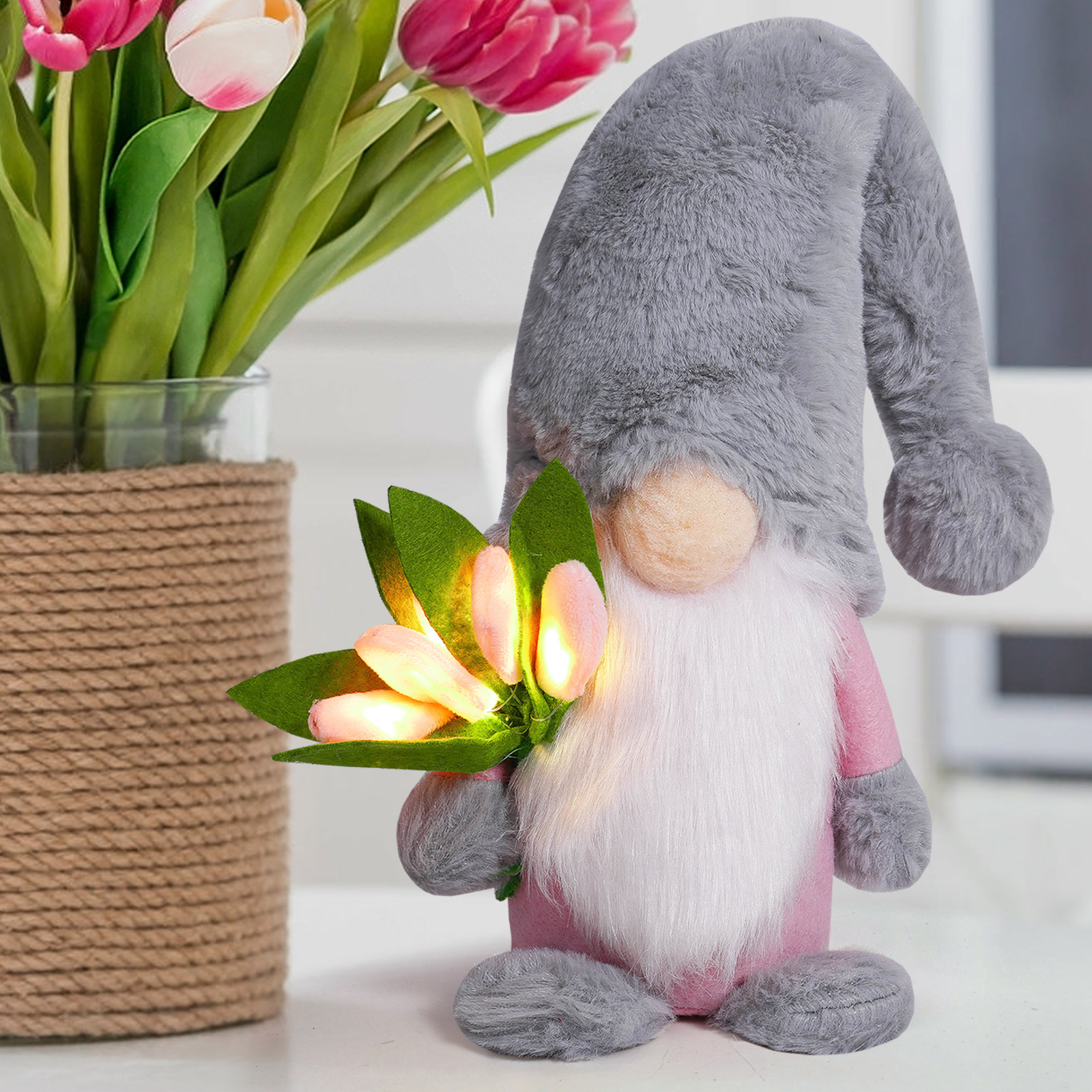 Transfronterizos luminosos tulipanes Rudolph Día de la Madre Día de San Valentín Muñeca Madre Regalo de cumpleaños Decoración de ventanas en el hogar