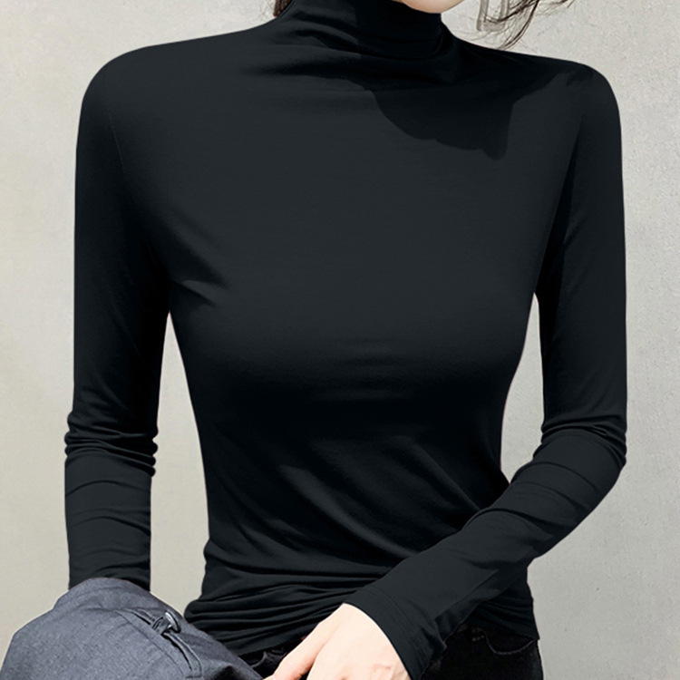 Modal Black Half-High Collar Base Shirt Women's Autumn and Winter Inner Slim-Fit Mask Long-Sleeved T-Shirt Mid-Collar Thin Top Modal Black Half-High Collar Base Shirt Women's Autumn and Winter Inner Slim-Fit Mask Long-Sleeved T-Shirt Mid-Collar Thin Top