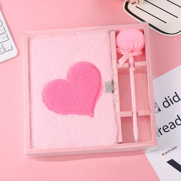 New Heart-Shaped Lock Plush Notebook Children's Fantasy Cartoon Lock Notebook Pink Plush Notebook Set Wholesale Planner