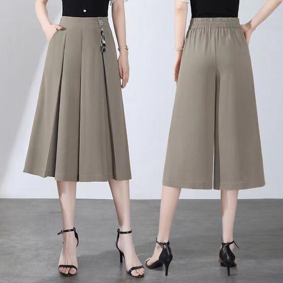 2024 wide leg culottes women's draping summer thin versatile cropped culottes high waist loose slimming high-rise casual pants