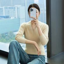 秋冬新款山羊绒女士V领长袖打底衫加厚保暖毛衣时尚百搭羊毛衫女