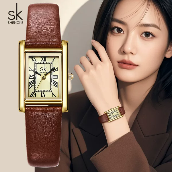 SK Retro Small Square Watch Real Belt Women's Watch Roman Numerals Cross-border Watch Waterproof Advanced Sense Watch Women's Watch