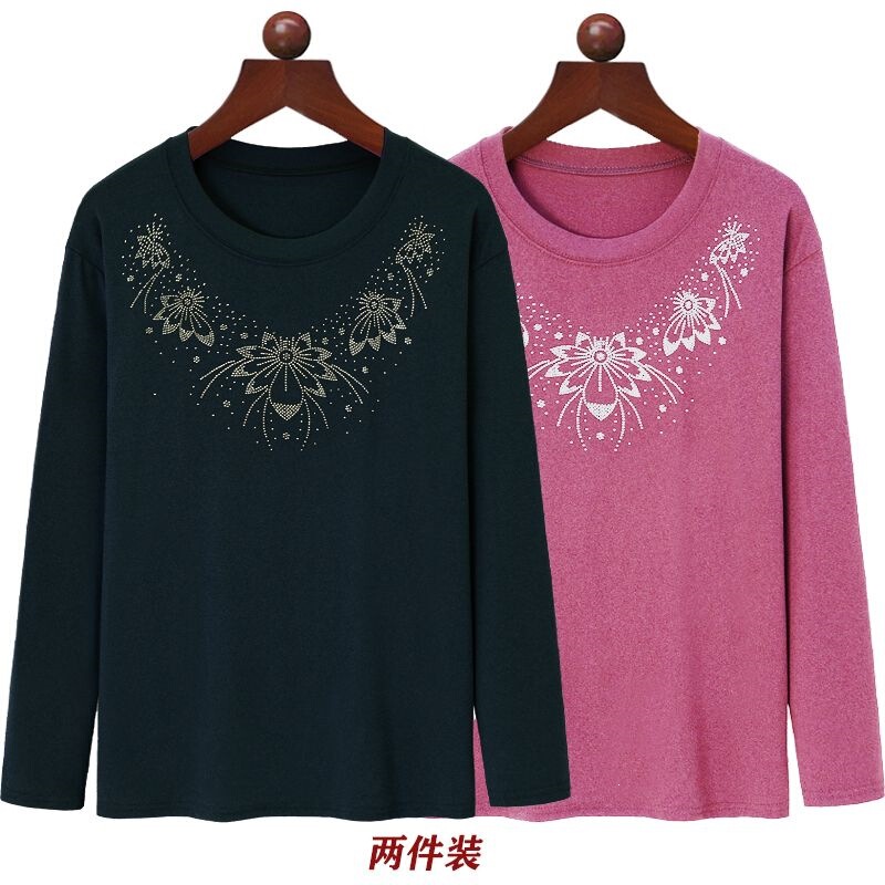 Middle-Aged and Elderly Women's Long-Sleeve Thermal T-Shirt, Winter Stylish Rhinestone-Embellished Versatile Base Shirt for Moms Middle-Aged and Elderly Women's Long-Sleeve Thermal T-Shirt, Winter Stylish Rhinestone-Embellished Versatile Base Shirt for Moms