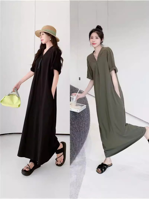 plus size mm Vintage Hepburn Zipper Long dress Women's Summer All-match V-neck Skirt Loose Slim Belly Covering Long Skirt