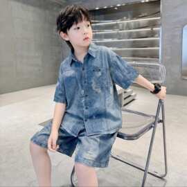 男童仿牛仔衬衫套装夏季薄款2026新款夏日清凉儿童短袖短裤两件套