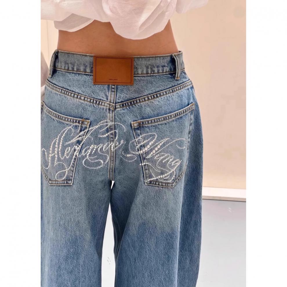 Damjeans hög midja raka ben med rhinestone bokstäver_voghion.com