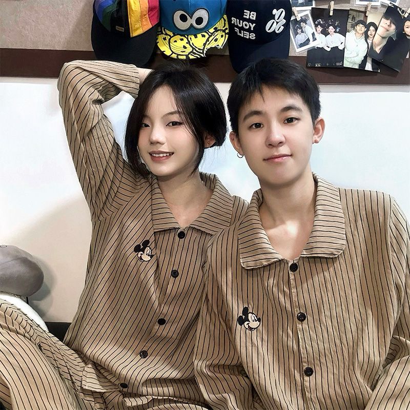 Nube de algodón pareja pijama de primavera y otoño nuevo Mickey rayas de dibujos animados dulce suelto hombre conjunto de ropa de casa