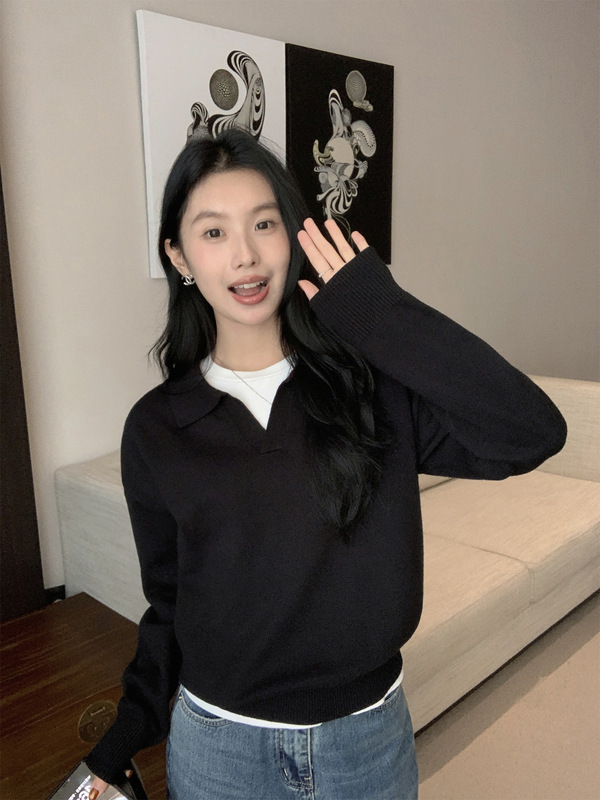 MULVAN polo翻领条纹毛衣女秋冬新款韩版宽松v针织衫套头上衣|undefined