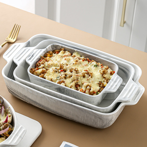 Nordic marble pattern double-handled ceramic baking pan oven dish large capacity microwave oven baking tool