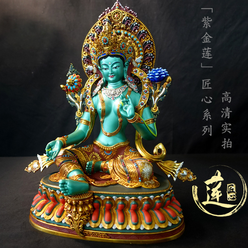紫金蓮ネパールチベット工芸蔵伝密宗彩絵緑度母純銅手彫り|undefined