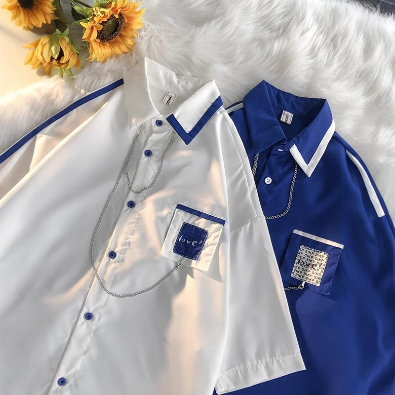 Hong Kong Style French Style Retro Design Sense Necklace Short-sleeved Shirt Men's and Women's Summer Loose Relaxed-fit Color Contrast Ins Trendy Shirt