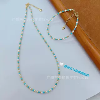 中古风3-4mm天然淡水珍珠项链链条松石镶嵌吸晴轻奢风休闲百搭新