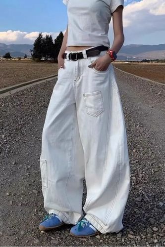 American High Street White Design Sensory Bending Knife Jeans Spring and Autumn New Loose Slimming High-Waisted Wide Leg Floor-Length Pants Trendy