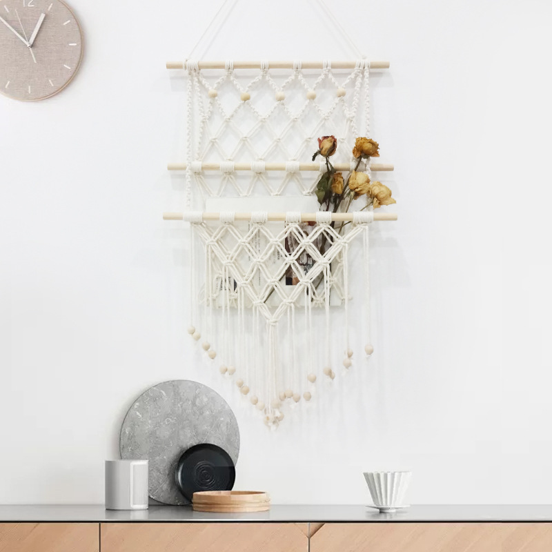 居家装饰杂志兜挂兜棉绳编织置物架 墙装饰品收纳架 挂毯杂志书架