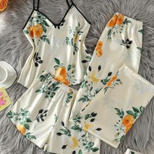 女士睡衣夏季印花外贸跨境四件套亚马逊欧美舒适仿真丝性感家居服