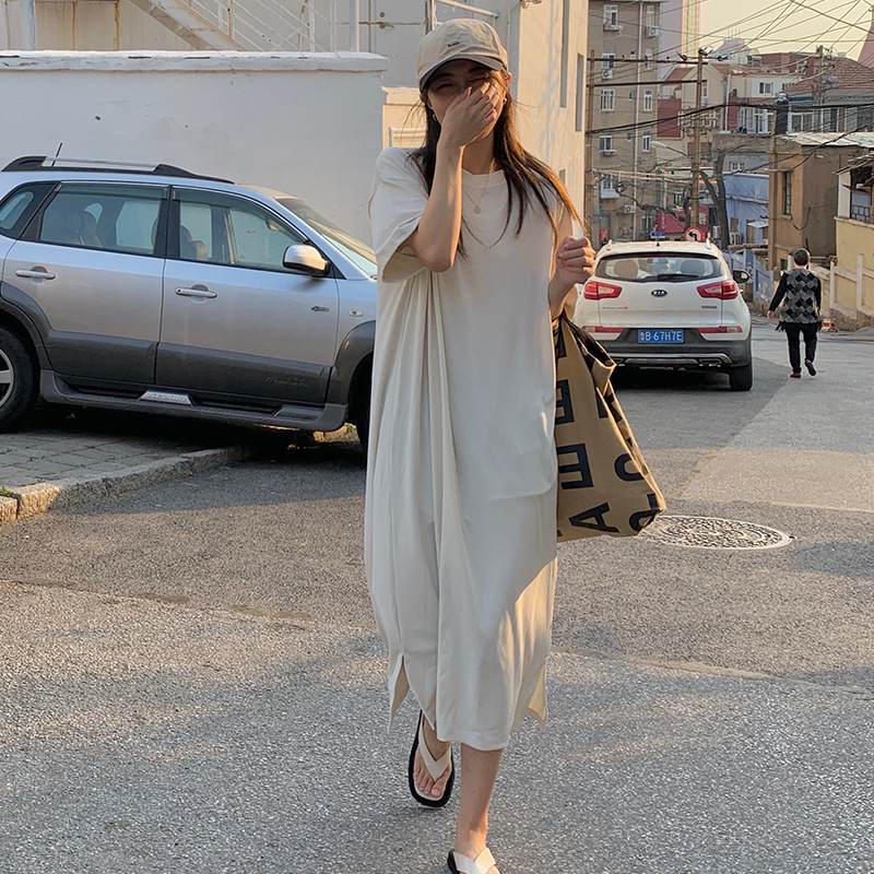 1334 # Real Shot [No Discount] Retro Lazy Style Round Neck Loose Slit Long Short-Sleeved T-Shirt Dress for Women