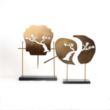 新中式金属迎客松扇子摆件样板间别墅禅意博古架客厅玄关软装饰品