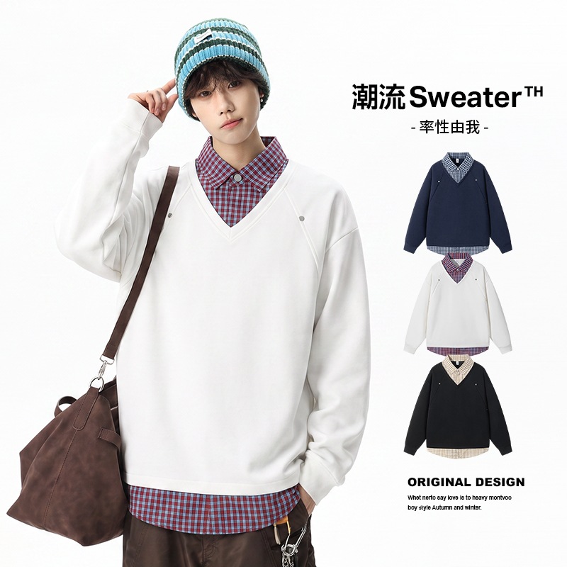 New style two-piece look sweatshirt for men, white, loose fit, casual, preppy style, fashionable patchwork design, suitable for teenagers and students