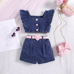 歐美跨境女童牛仔套裝彩色扣可愛桃心腰帶花邊袖百褶短褲縮筋上衣