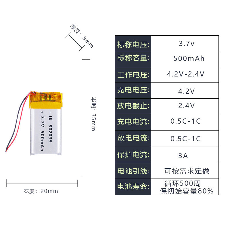 802035-500mAh 배터리 + 보호 보드 콘센트