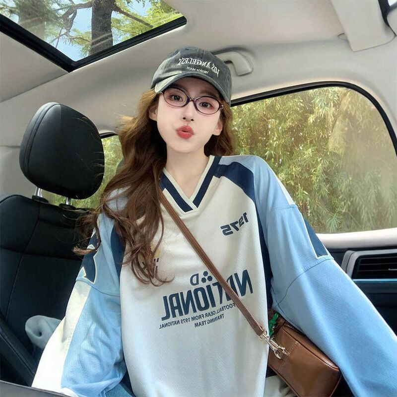 American Sports Jersey Style Long-Sleeved T-Shirt for Women 2025 New Autum College Design Loose Contrasting Color Top Trendy American Sports Jersey Style Long-Sleeved T-Shirt for Women 2025 New Autum College Design Loose Contrasting Color Top Trendy
