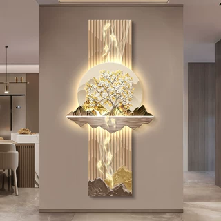 奶油风发财树玄关装饰画轻奢九鱼图走廊过道挂画高级感LED灯壁画